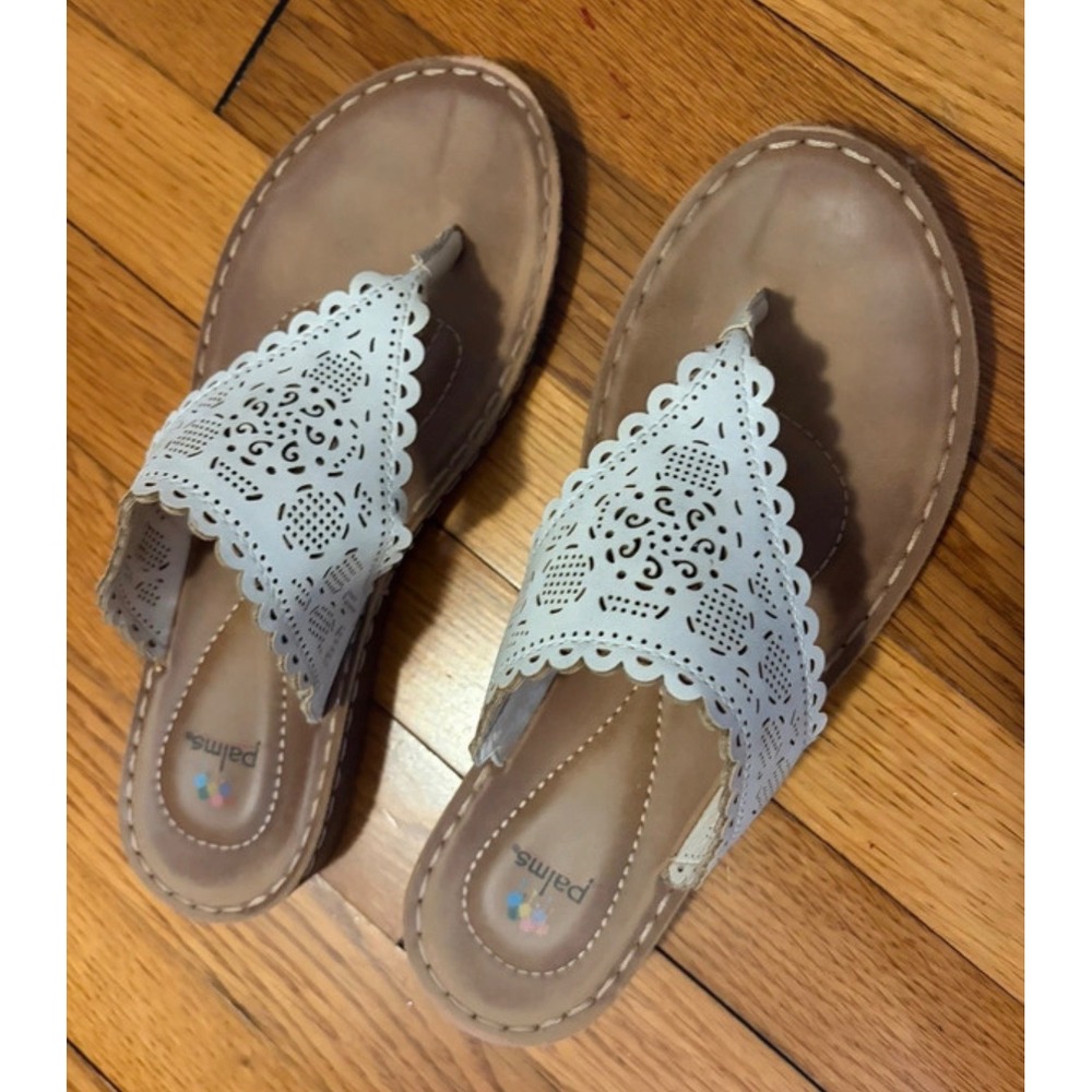 Palms tan Laser Cut Scalloped Thong Sandals Womens 9M Boho Flat Summer Shoes